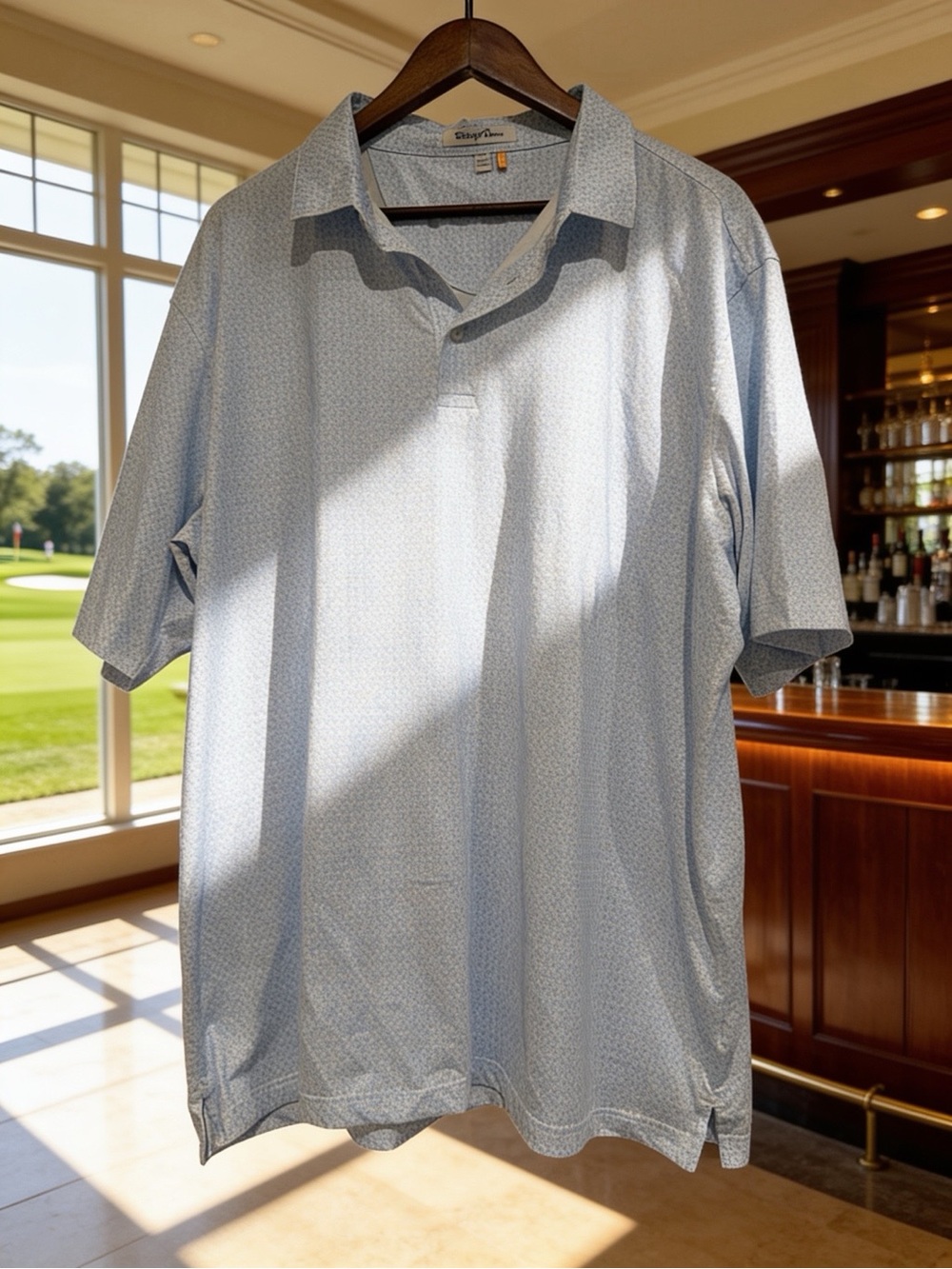 Straight Down  Light Blue Short-Sleeve Polo with Micro Pattern
